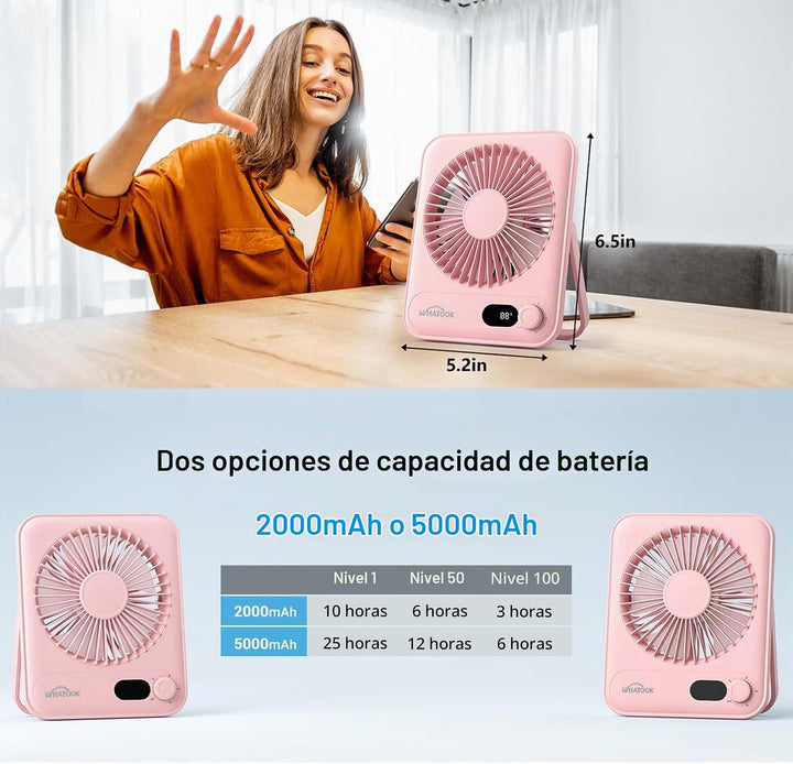 WHATOOK Ventilador personal de escritorio pequeño: 5000 mAh 25 hora...