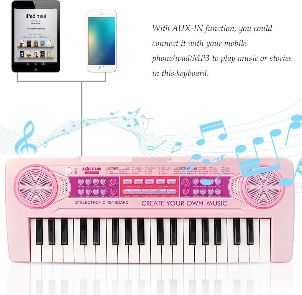 Teclado de piano recargable para niños, 37 teclas con micrófono e