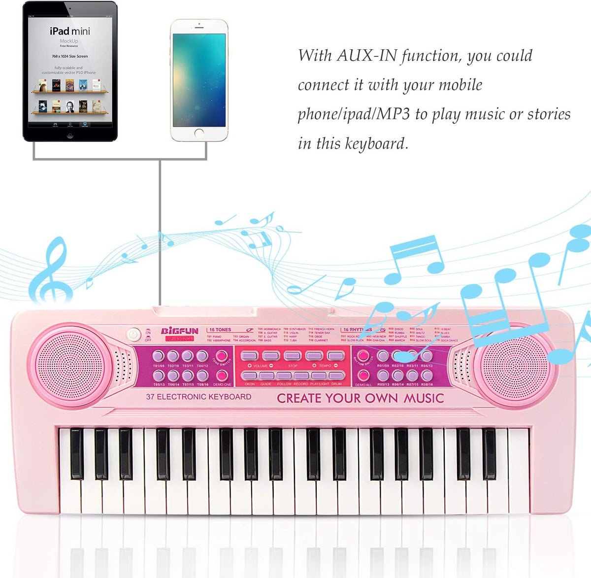 Teclado de piano recargable para niños, 37 teclas con micrófono e