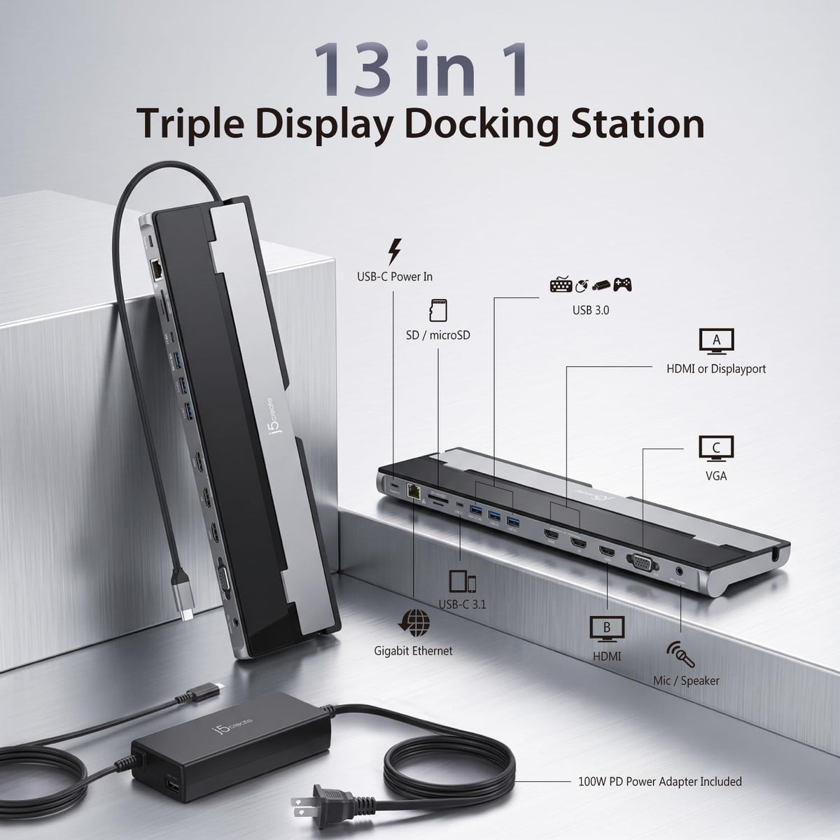 j5create Estación de acoplamiento USB tipo C con cargador PD de 100W - Soporta 3 pantallas | HDMI, DisplayPort, VGA, carga PD de 100W, Ethernet de 1Gbps | para MacBook Pro/Air, XPS y más (JCD543P)