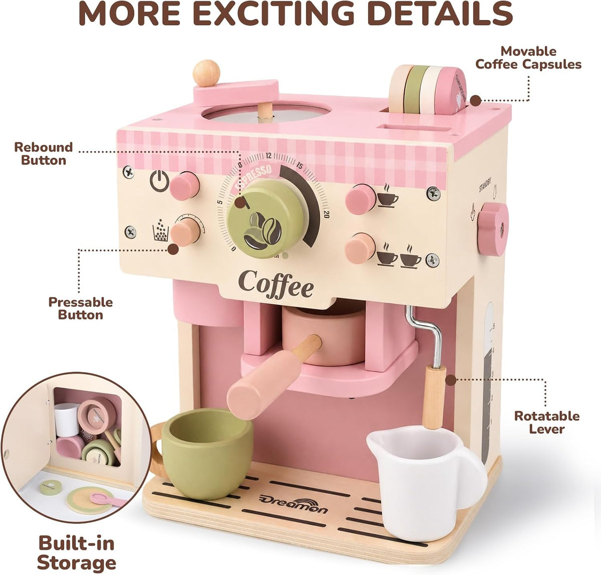 Dreamon Cafetera de juguete, accesorios de cocina de madera para niños