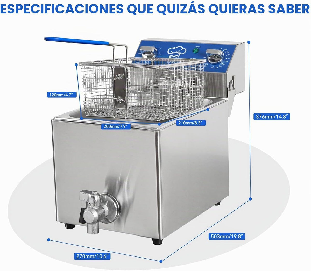 TOPKITCH Freidora Eléctrica de 6.3 Qt con Drenaje de Aceite, Temporizador de 30 Minutos, Tanque de Aceite con Formación por Estiramiento, Tapa y Cesta de Malla de Alambre Sólida, Freidora de Inmersión