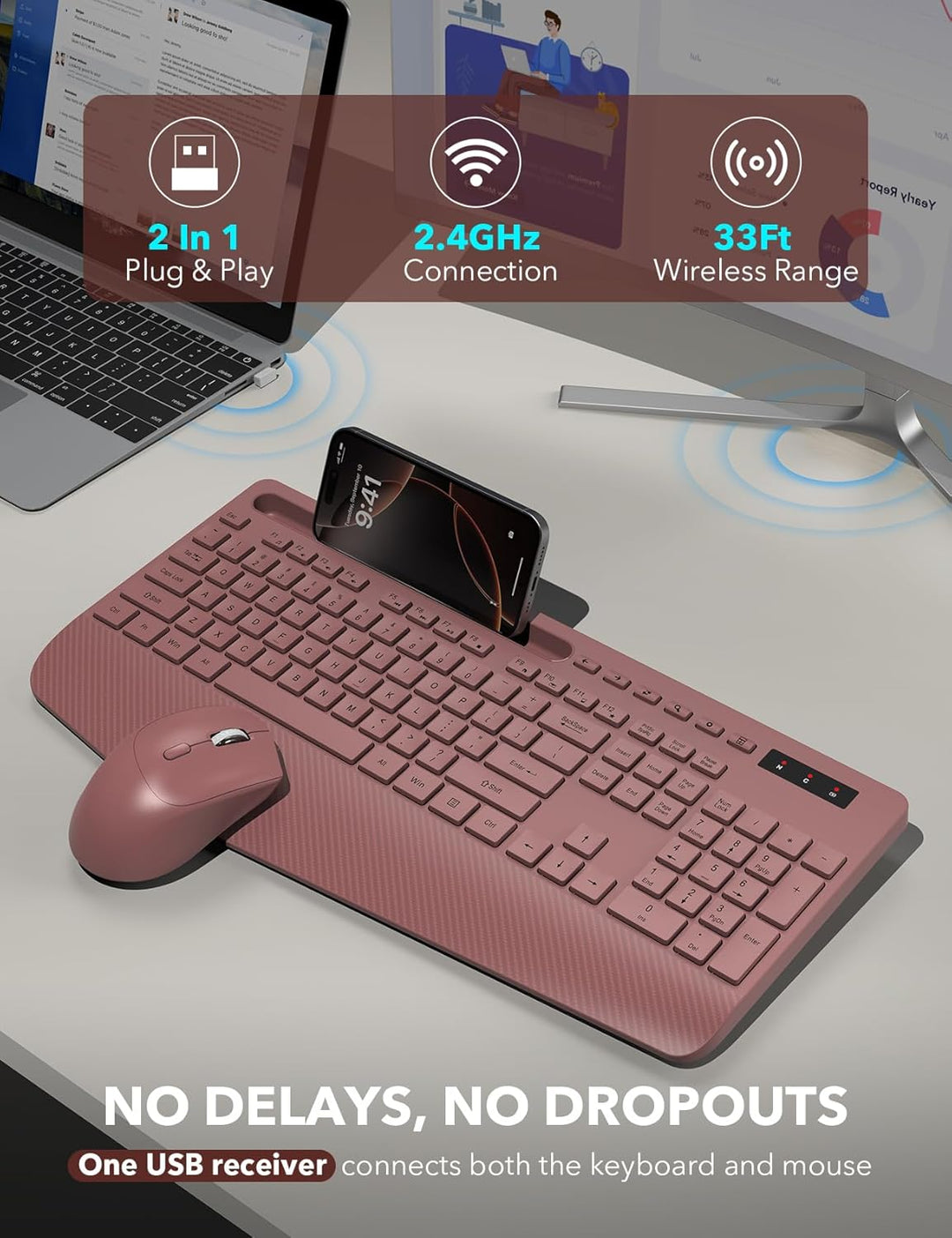 Combo de teclado y ratón inalámbrico - Teclado ergonómico de tamaño...