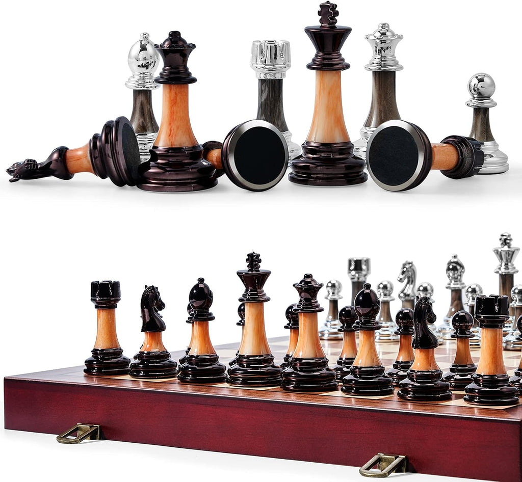 Juego de ajedrez grande de 16 pulgadas/16.5 in de tablero de madera plegable con piezas de ajedrez acrílico ponderadas de lujo, tamaño King de 3.5 pulgadas con ranuras de almacenamiento para adultos, regalo de jubilación de inauguración de la casa