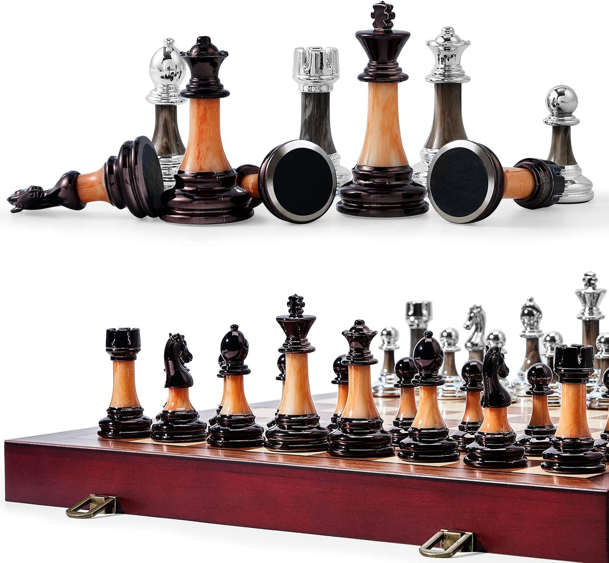 Juego de ajedrez grande de 16 pulgadas/16.5 in de tablero de madera plegable con piezas de ajedrez acrílico ponderadas de lujo, tamaño King de 3.5 pulgadas con ranuras de almacenamiento para adultos, regalo de jubilación de inauguración de la casa