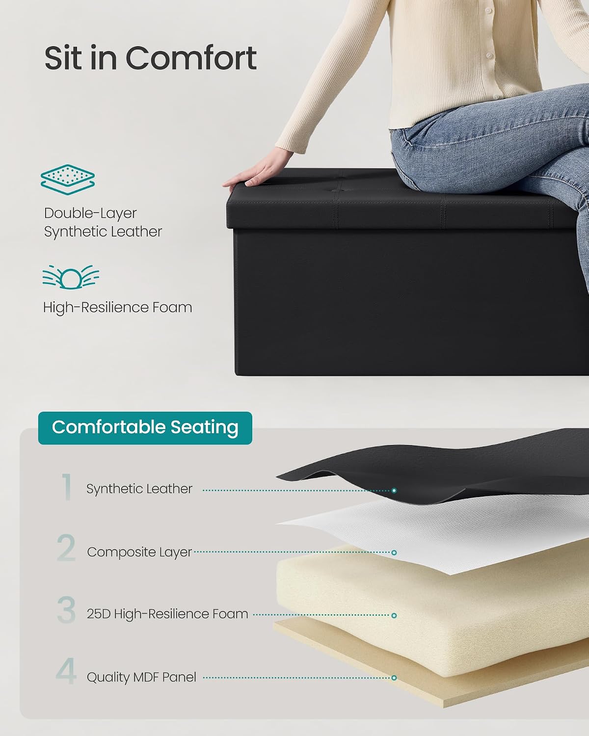 Banco de asiento plegable otomano Songmics, taburete reposa pies de piel sintética, Madera, Negro