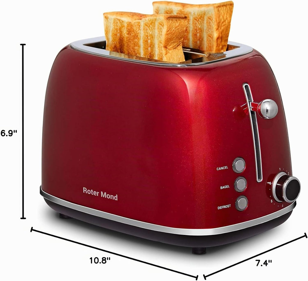 Roter Mond Tostadora de 2 rebanadas, de acero inoxidable, retro, con función de bagel, cancelar y descongelar, 6 ajustes de tostado de pan, ranuras extra anchas y bandeja de migas extraíble, color
