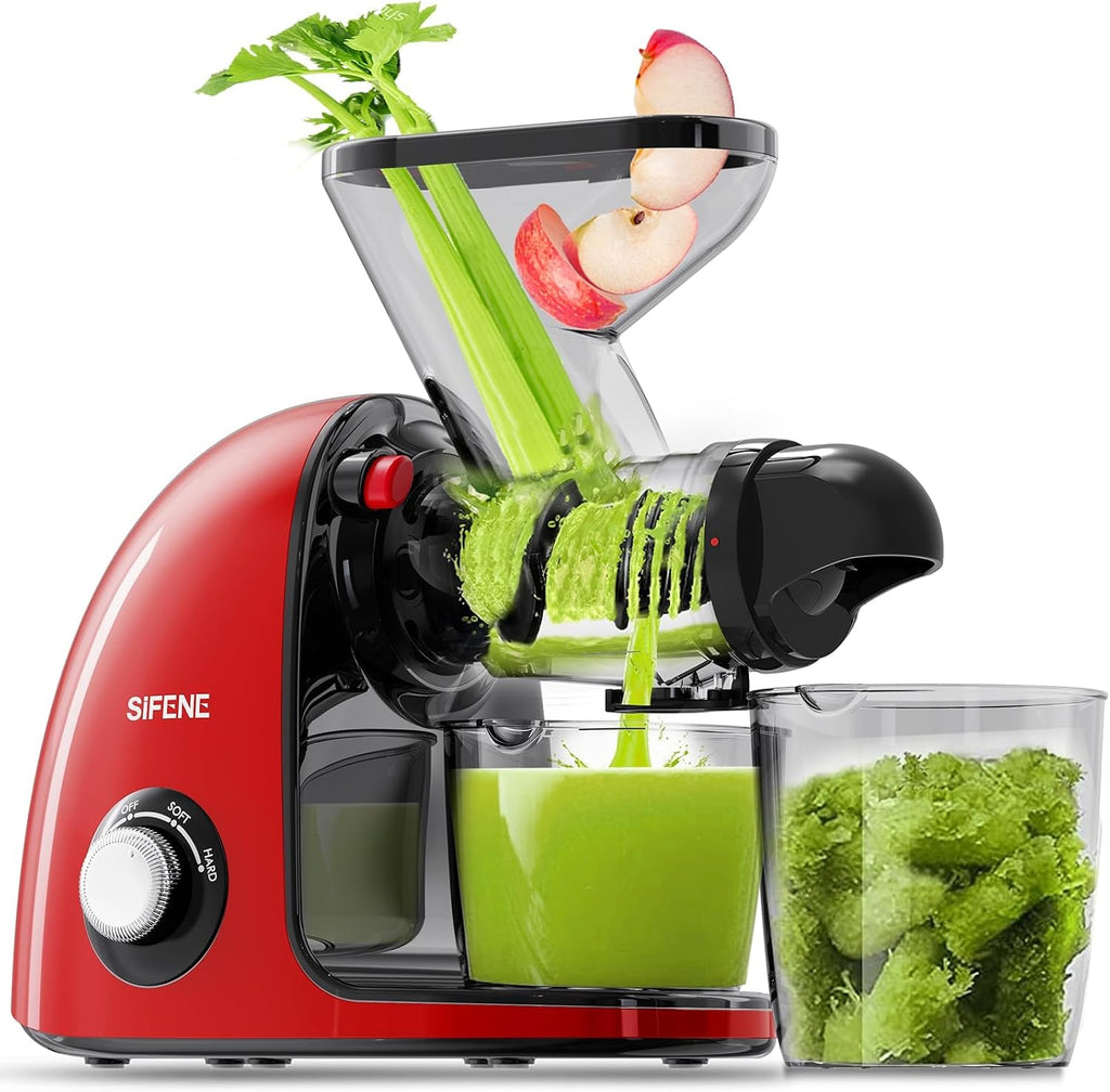 SIFENE Extractor de Jugos Masticador Lento Compacto, Tolva Doble, Motor 150W, Rojo
