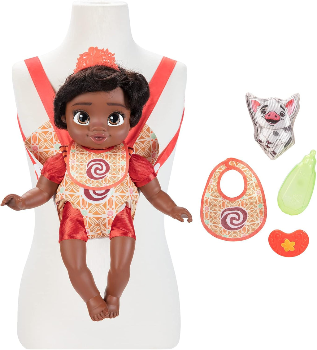 Disney - Muñeca de la princesa Baby Moana de lujo con tiara, portabebé, amigo de felpa, chupón, babero y biberón [Exclusivo de Amazon]