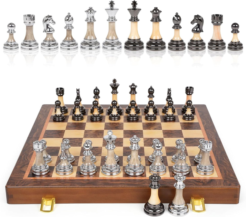 Juego de ajedrez grande de lujo de 17 pulgadas, tablero de ajedrez de madera con piezas de ajedrez de metal y acrílico, tamaño King de 3.5 pulgadas, 2 reinas adicionales, juego de ajedrez plegable para adultos y niños, exhibición de regalo, colección de
