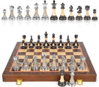 Juego de ajedrez grande de lujo de 17 pulgadas, tablero de ajedrez de madera con piezas de ajedrez de metal y acrílico, tamaño King de 3.5 pulgadas, 2 reinas adicionales, juego de ajedrez plegable para adultos y niños, exhibición de regalo, colección de