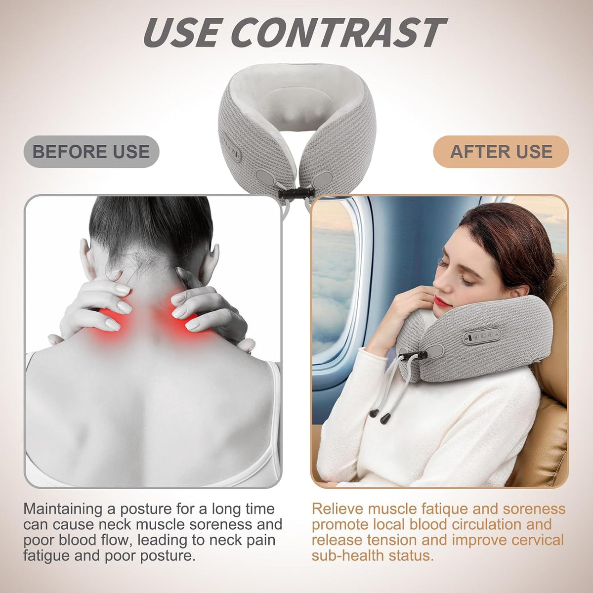 Masajeador de Cuello Eléctrico, Almohada de Viaje Portátil con Masaje y Calor, Almohada de Cuello Recargable y Vibrante, Perfecta para Alivio del Dolor en Casa, Oficina, Viaje, Ideas de Regalo para el