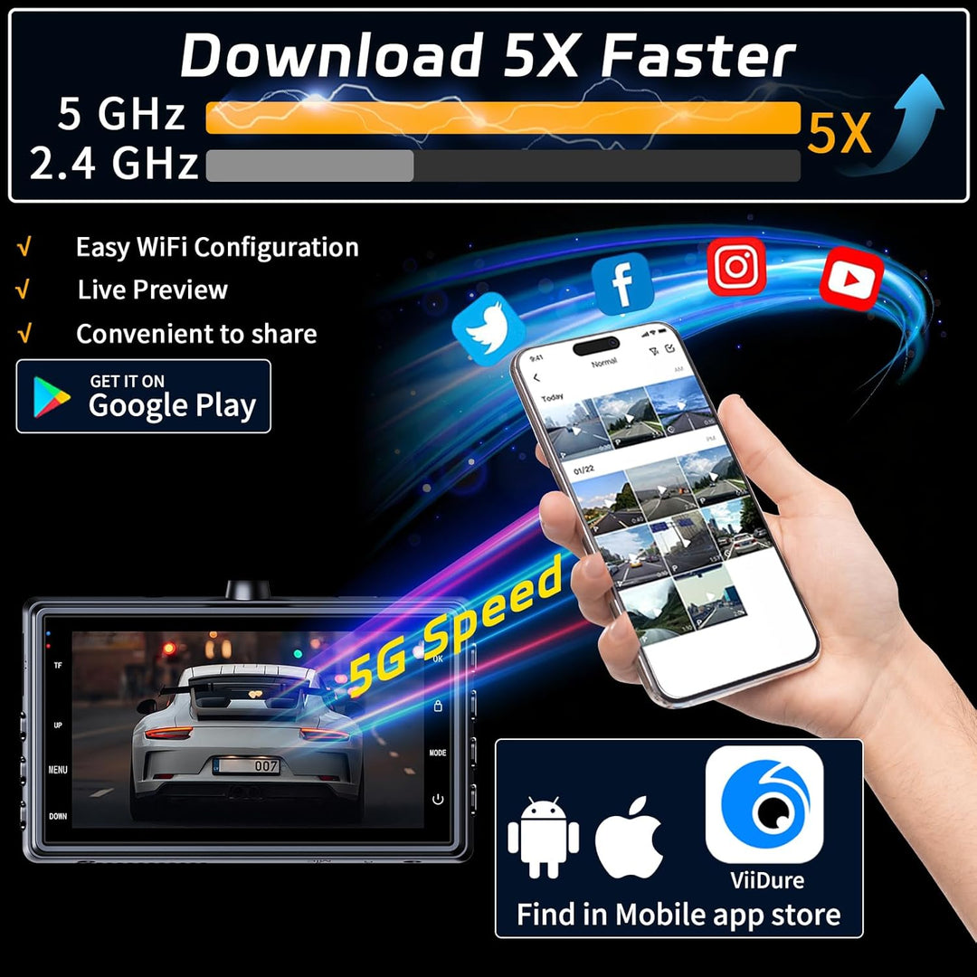 Cámara de tablero de auto dual delantera y trasera 4K