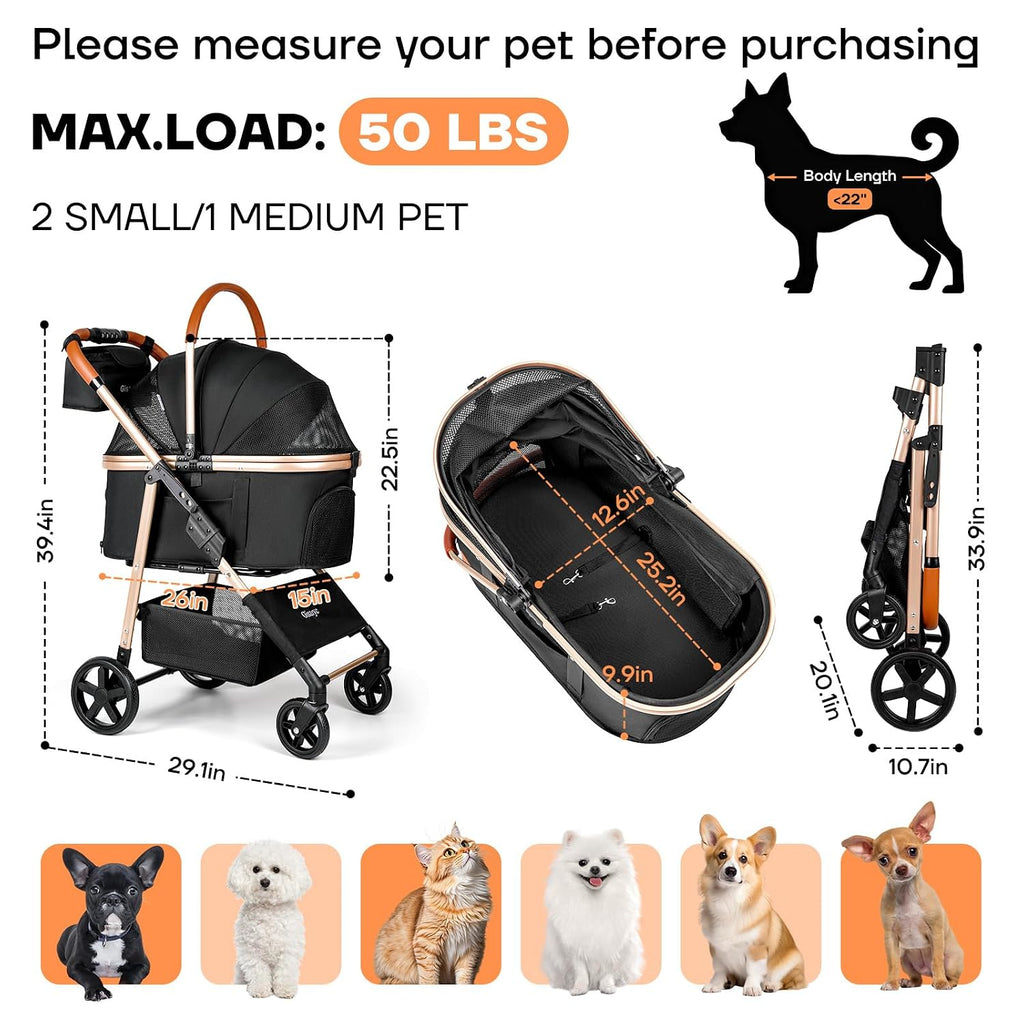 Cochecito para perros y gatos para mascotas pequeñas/medianas de hasta 50 libras, cochecito plegable 3 en 1 para mascotas con transportador desmontable, asiento de automóvil, canasta de almacenamiento
