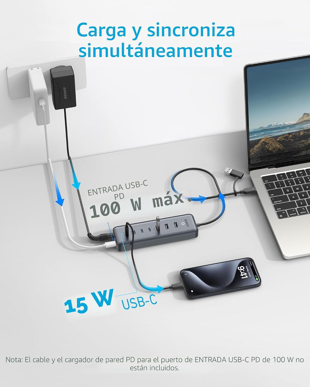 Anker, A8307, hub USB 2 de 3 puertos, alimentado