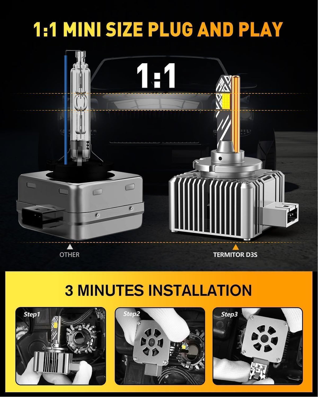 Termitor Bombilla D3S, 100,000 lúmenes, 6500 K, IP68 impermeable, ajuste directo OEM 1:1, larga durabilidad, luz D3S 1000% más brillante para bombillas de deportes de motor, paquete de 2