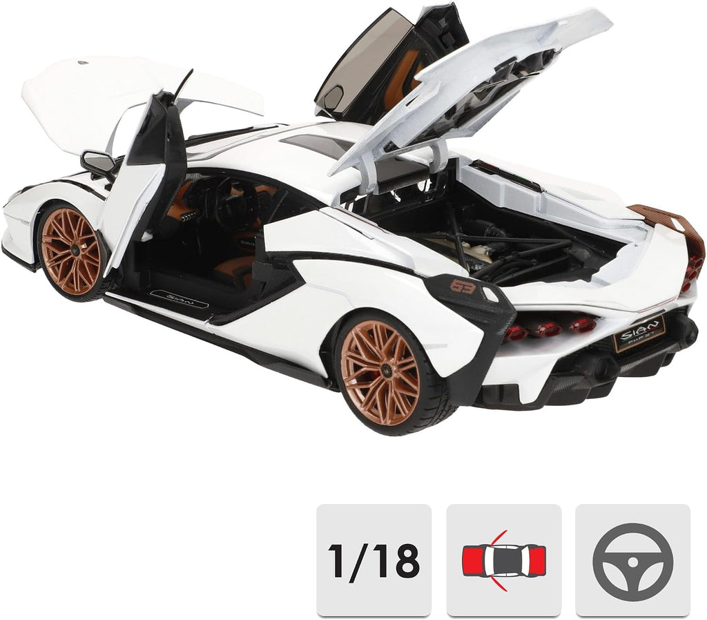Bburago - Lamborghini Sian FKP 37, 1:18 escala de coche de metal a escala, blanco, 3+