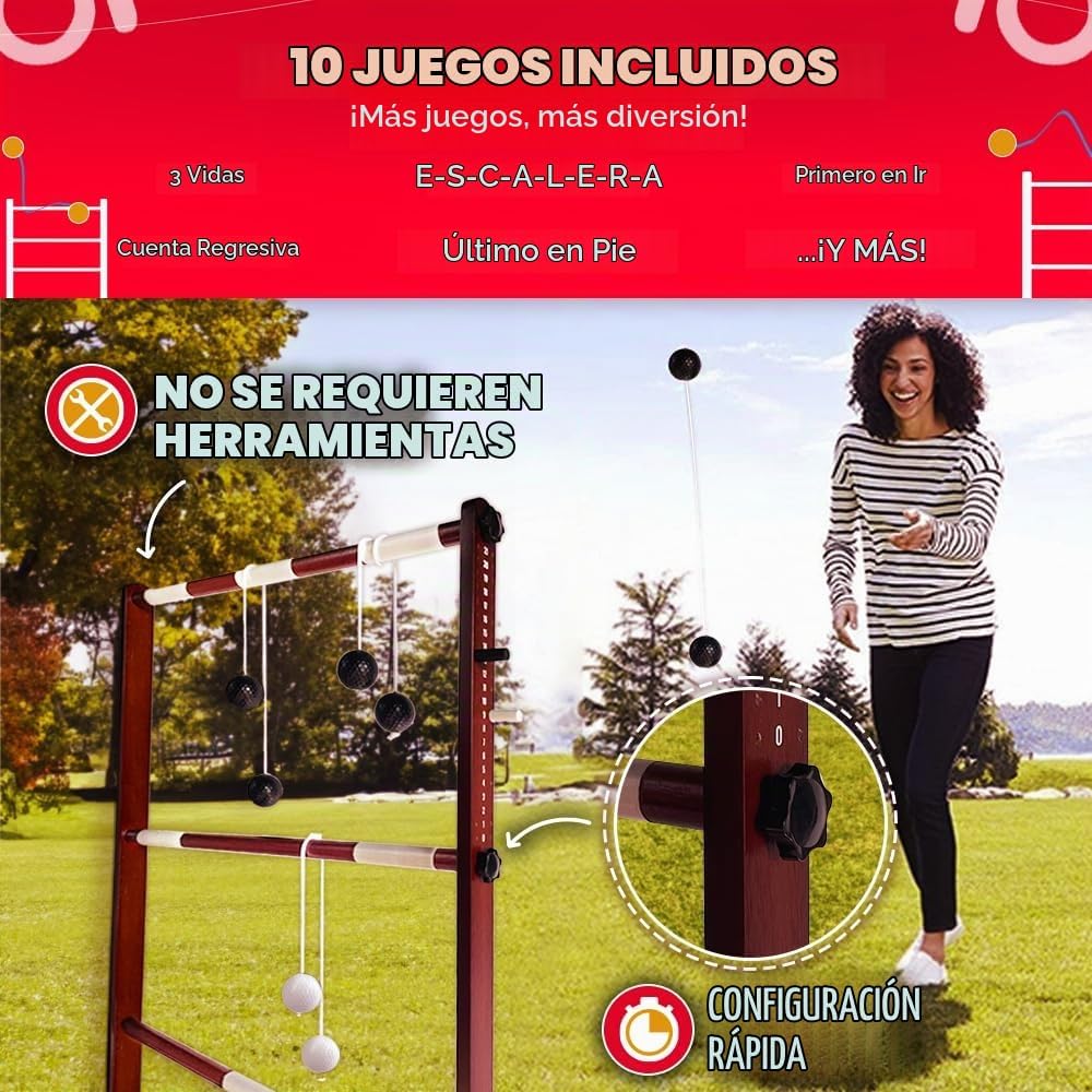 Swooc Games® - Juego de pelota de escalera de madera prémium (resistente a la intemperie) - con más de 10 juegos y estuche de transporte - Fácil de configurar sin herramientas - Juego de lanzamiento