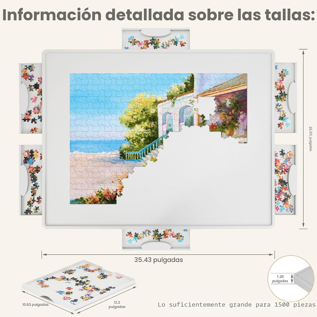 ALL4JIG - Tablero de rompecabezas de plástico giratorio ligero de 1500 piezas con 6 cajones y cubierta, diseño Lazy Susan de 360°, mesa giratoria portátil de 25.98 x 34.25 pulgadas para adultos