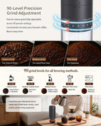CIRCLE JOY Molinillo de café eléctrico recargable, portátil, inalámbrico, con rebabas cónicas de acero inoxidable, ajuste externo de 90 niveles y luz indicadora de batería, color negro
