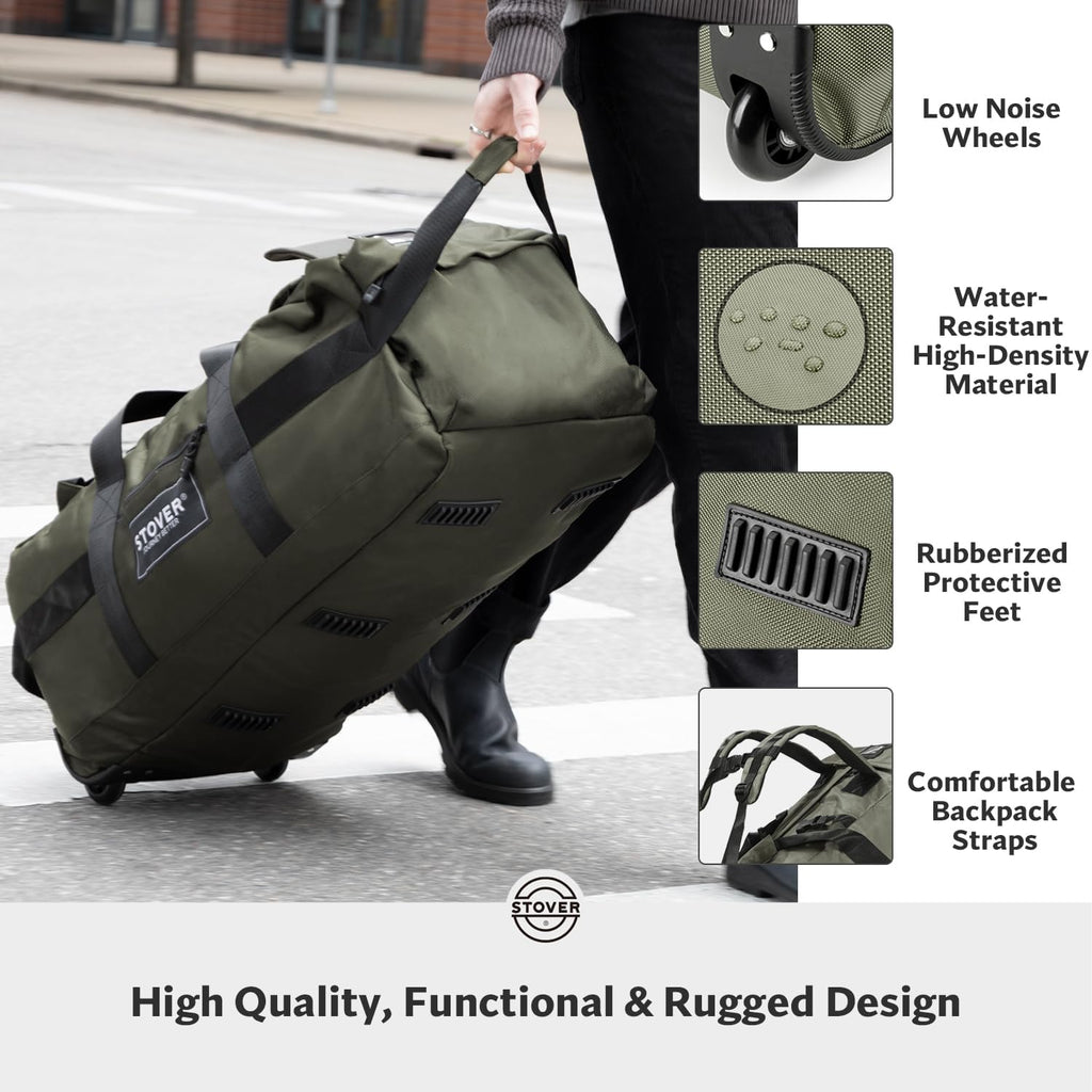 45/80/100/120L Bolsa de lona con ruedas, bolsa de viaje extra grande duradera + bolsa de aseo personal, resistente, plegable con correas para el hombro, uso como equipaje o mochila