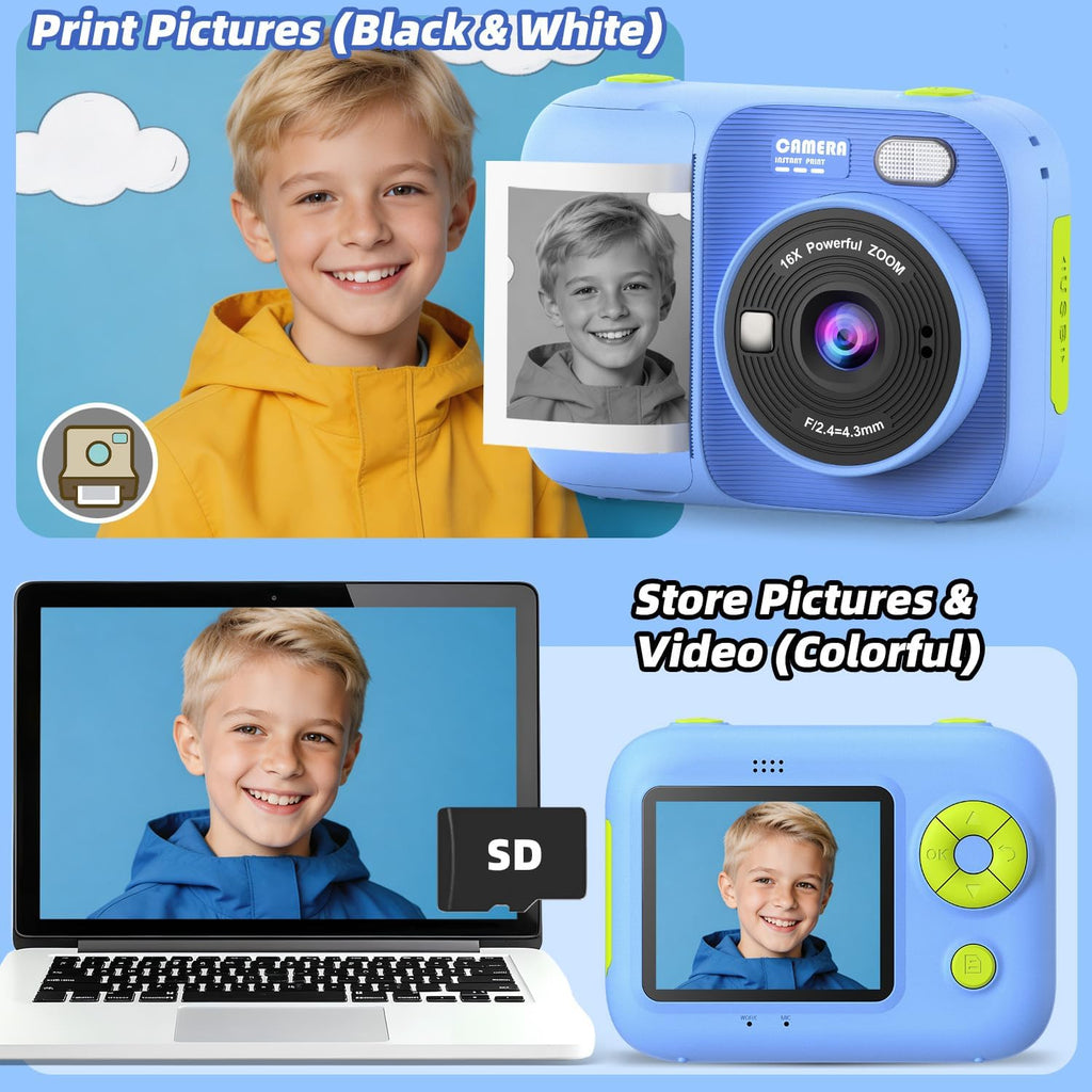 Cámara de impresión instantánea para niños con 5 rollos de papel de impresión, cámara HD 1080P, cámara portátil recargable para selfies, regalos de cumpleaños de Navidad, juguetes para niños y niñas