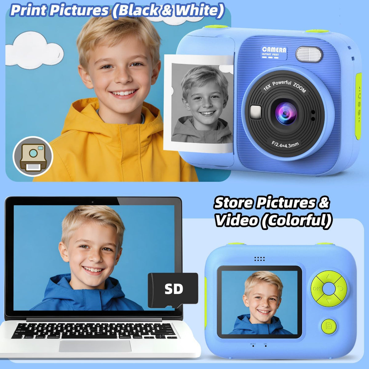 Cámara de impresión instantánea para niños con 5 rollos de papel de impresión, cámara HD 1080P, cámara portátil recargable para selfies, regalos de cumpleaños de Navidad, juguetes para niños y niñas