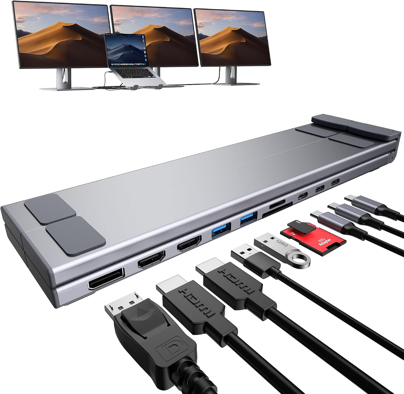 Estación de acoplamiento USB C para laptop 3 monitores 4K a 60Hz, c...