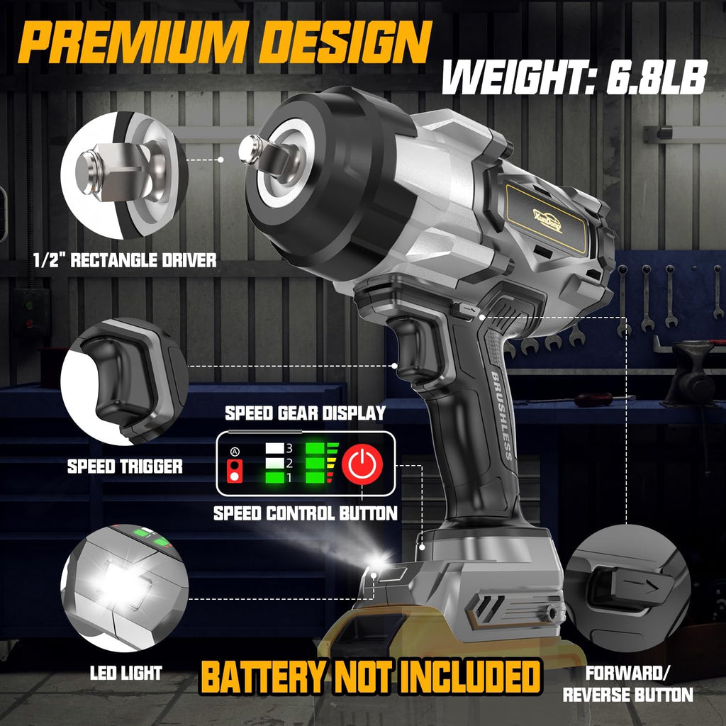 Llave de impacto inalámbrica de 1/2 pulgada compatible con batería Dewalt de 20 V, 1600 pies-libras (2200 N.m), pistola de impacto de alto par resistente, destornillador de impacto de energía eléctrica sin escobillas con 4 modos de velocidad y luz de trab