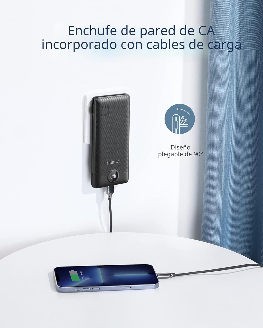 VEGER Cargador portátil para iPhone con cables integrados y enchufe...