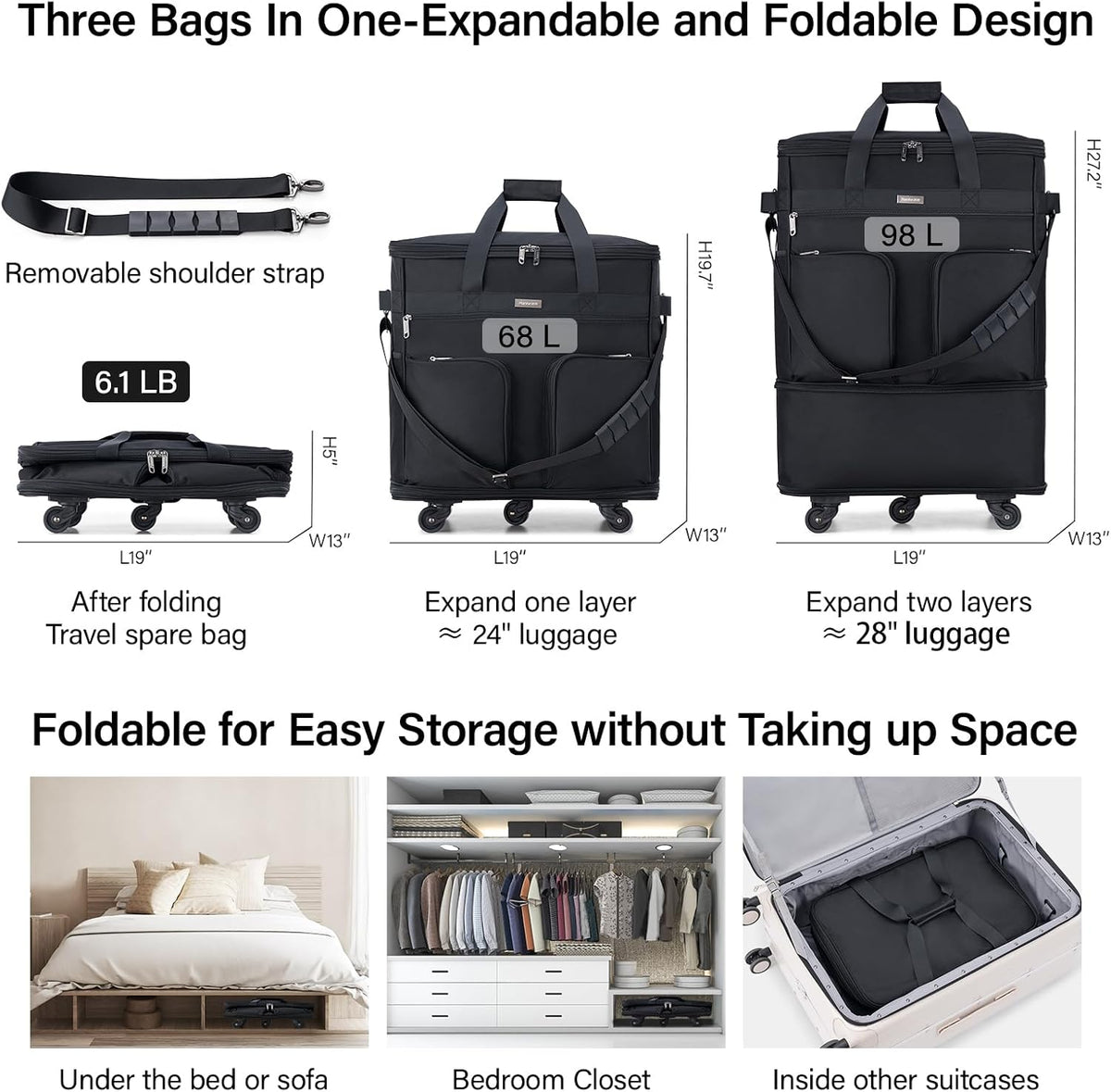Hanke Equipaje plegable expandible con ruedas, versión actualizada 2, 98L, resistente al agua, 5 ruedas giratorias, 3 bolsillos, poliéster, 19 x 13 x 27.2 pulgadas, 6.1 libras, equipaje de mano