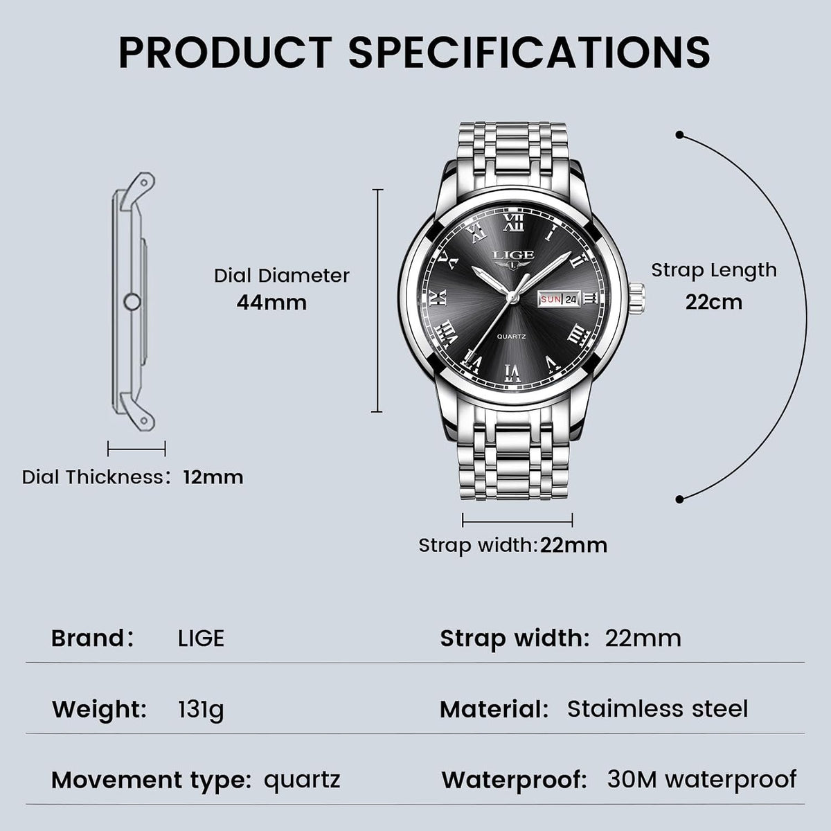 LIGE Reloj para hombre, relojes analógicos de pulsera para hombre, estilo de acero inoxidable, función de calendario de movimiento de cuarzo, impermeable 3ATM, pantalla luminosa transparente