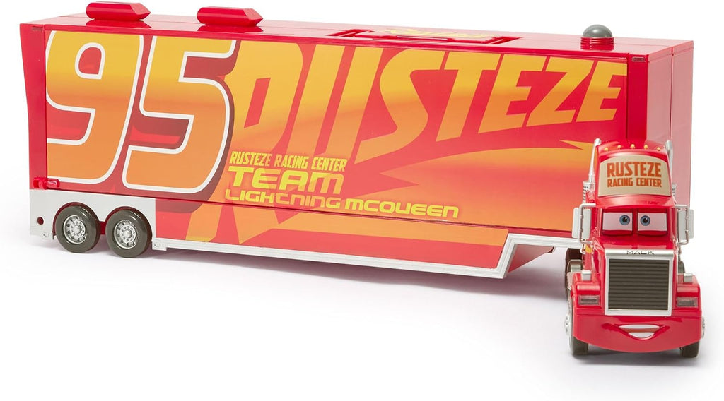 Set de juego oficial de Mack Hauler de Disney Store - Portaautos con luz y sonido Mack con 8 vehículos de metal a presión con retroceso - Rojo, Fillmore, Lightning McQueen, Bobby Swift, Cal Weathers