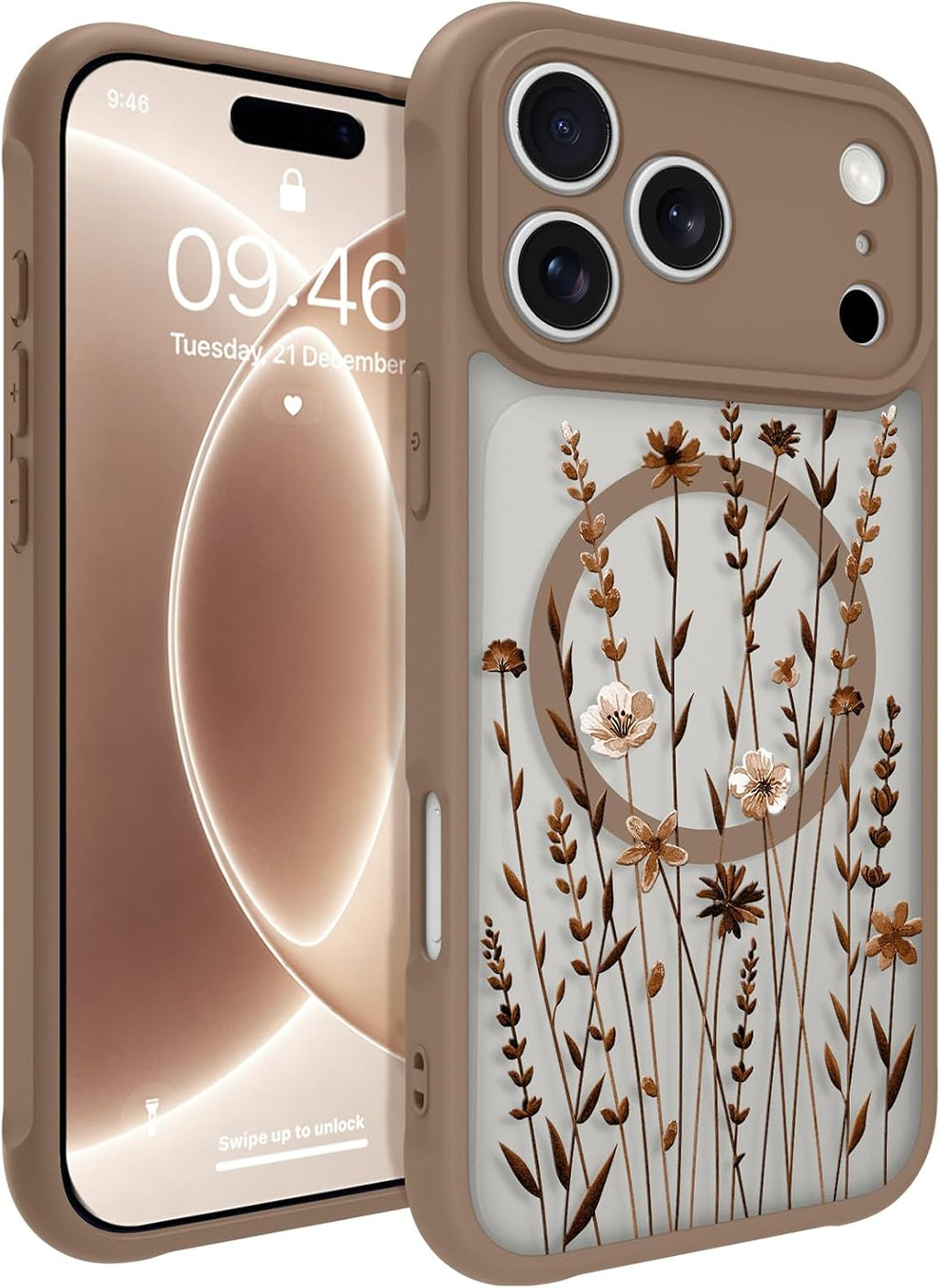 OOK Funda de teléfono marrón con flores florales para Pro de 6.3 pulgadas