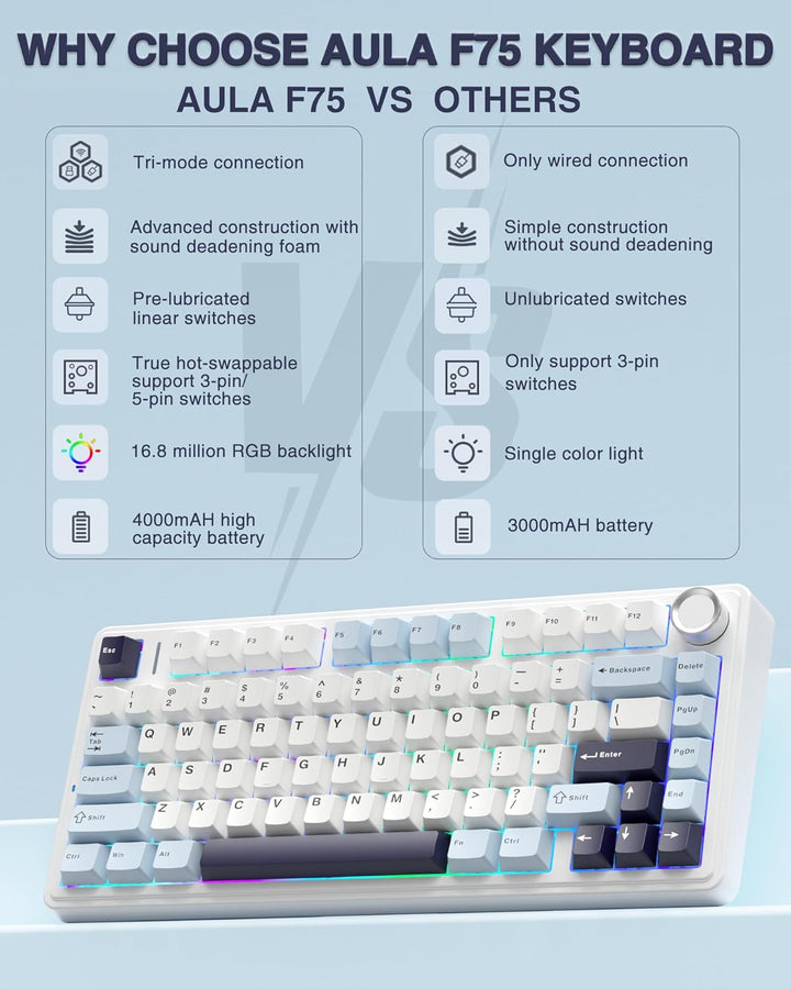 AULA F75 Teclado mecánico inalámbrico 75%, Teclado intercambiable e...
