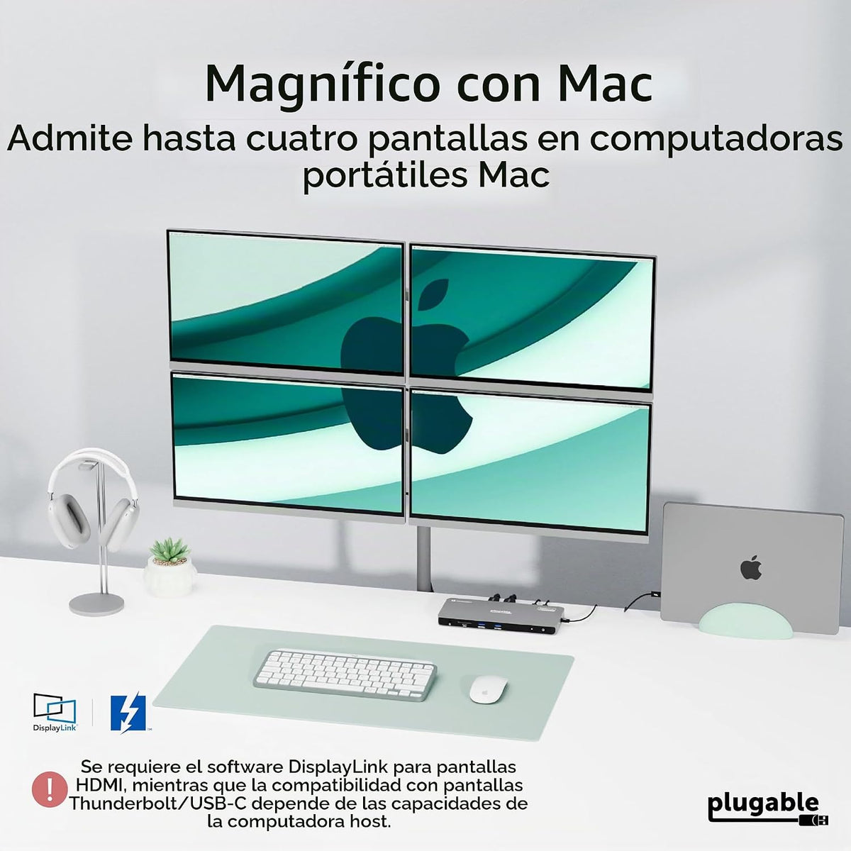 Plugable Base Thunderbolt 4 para cuatro monitores de 100 W, la estación de acoplamiento Thunderbolt conecta hasta cuatro monitores 4K para portátiles Windows y Mac, 2x HDMI, 4x Thunderbolt 4/USB C