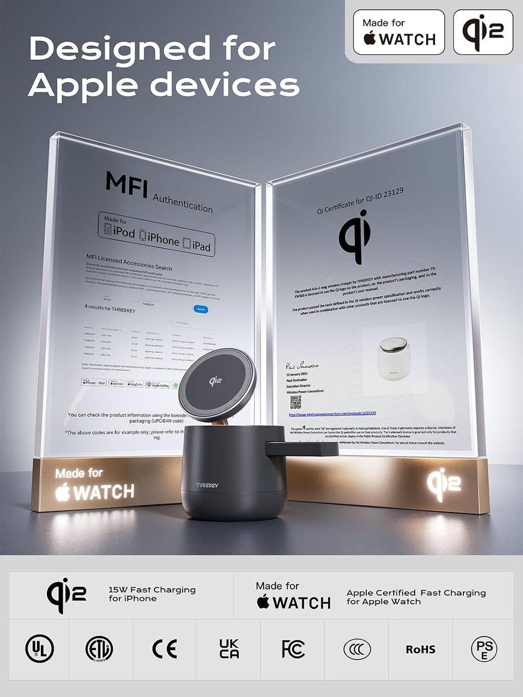 Estación de carga inalámbrica magnética Qi2 4 en 1, cargador rápido de 15 W con módulo de carga hecho para Apple Watch, para iPhone 18-12 Series y AirPods, adaptador de 65 W incluido