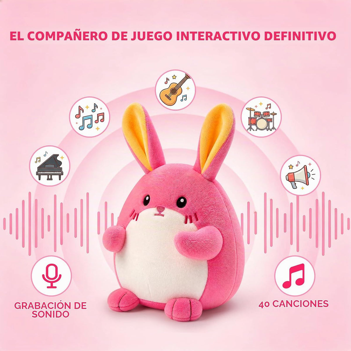 Juguete musical de conejo rosa para bebé, regalo adorable para