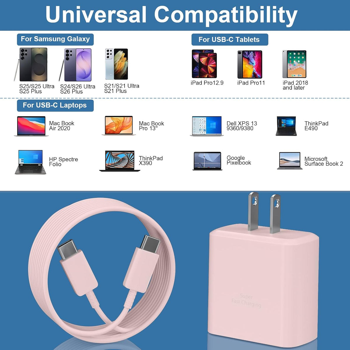 Cargador súper rápido USB-C de 45 W, bloque de carga de teléfono Android tipo C para Samsung Galaxy S26 S25 S24 S23 Ultra/S26 S25 S24 S23 S22 S21 S20/Note 10/20, cargador PPS con cable de 6.6 pies