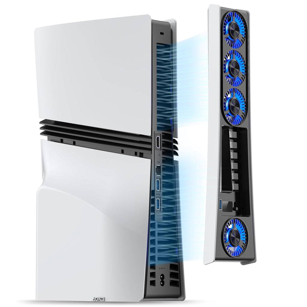 JUSPRO Ventilador de refrigeración para PS5 Pro, ventilador silencioso mejorado de 4 enfriadores con velocidad ajustable, encendido/apagado automático, accesorios de enfriamiento con puerto USB 3.0 y