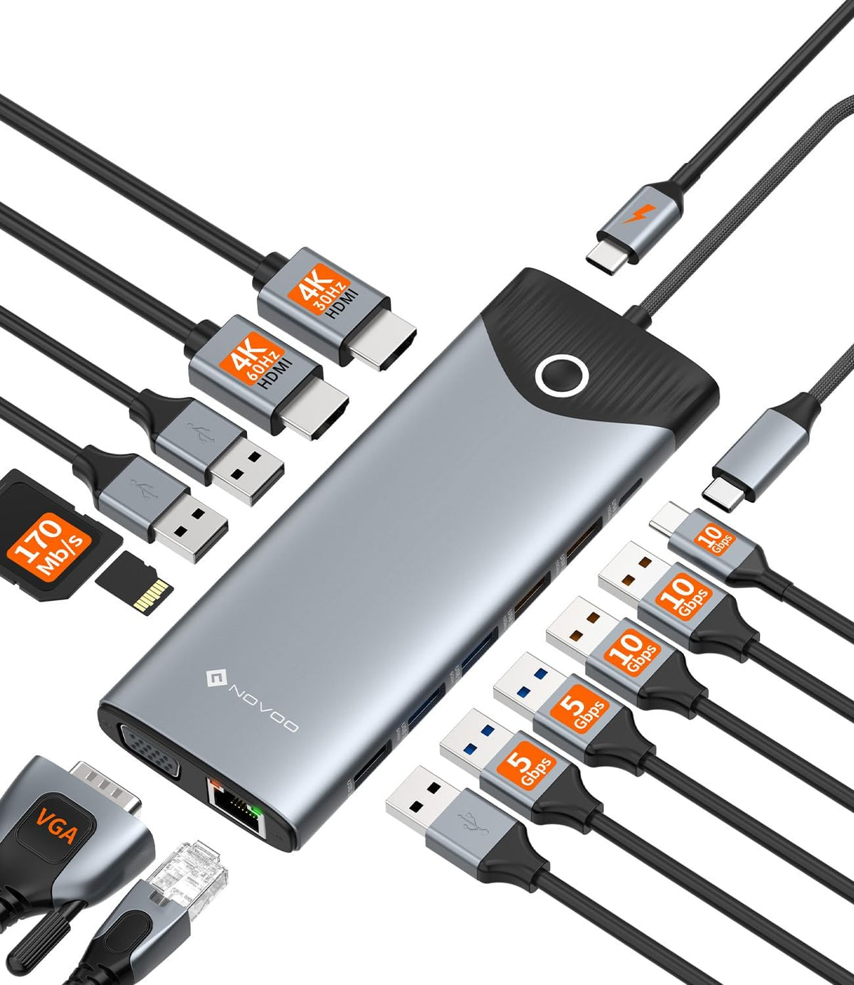 NOVOO Estación de acoplamiento USB C para monitor dual HDMI 4K 60Hz, DisplayPort 15 en 1, VGA, carga PD de 100 W, USB-C/USB-A de 10 Gbps, Ethernet, SD/TF, audio – compatible con MacBook, Dell, HP