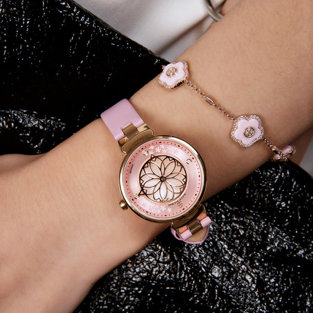 Relojes de Mujer Flor de Cerezo Reloj de Mujer Esfera de Madreperla Reloj de Dama con Correa de Cuero Forma de Pétalo Sakura Relojes de Flor de Cerezo para Mujeres Cristal de Zafiro para Durabilidad y