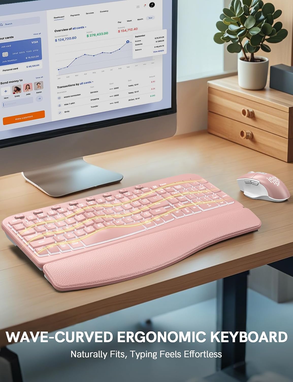 SABLUTE Combo ergonómico de teclado y mouse inalámbricos, teclado W...