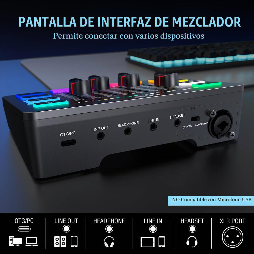 FIFINE Mezclador de audio para juegos y paquete de micrófono dinámico XLR/USB, mezclador RGB de 4 canales para transmisión con interfaz de micrófono XLR, alimentación fantasma de 48V para juego, voz