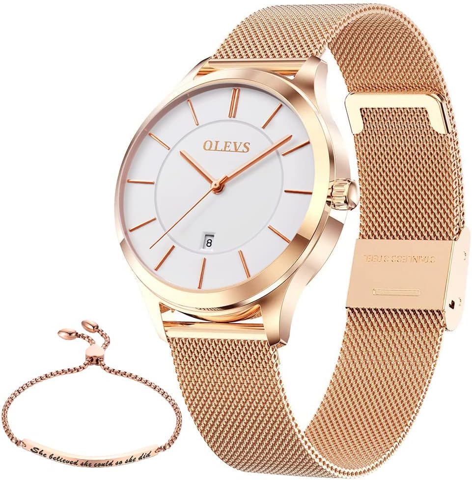 OLEVS Relojes para Mujeres y Juego de Pulseras Slim Casual Vestir Reloj de Muñeca para Dama Rosado Oro
