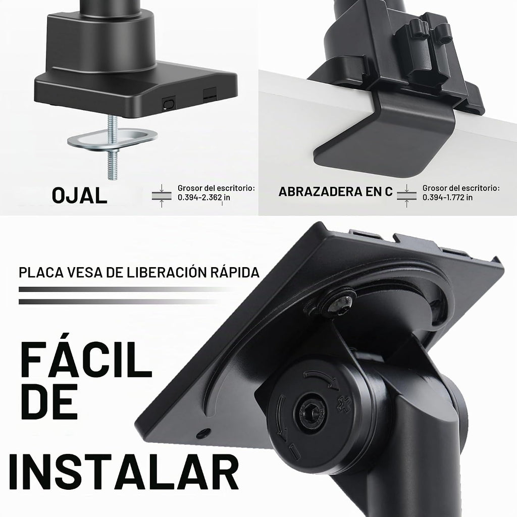 Brazo de monitor resistente para pantallas ultraanchas de 57", soporta hasta 59.4 libras, soporte de escritorio de movimiento completo con VESA de liberación rápida (75/100/7.874 in