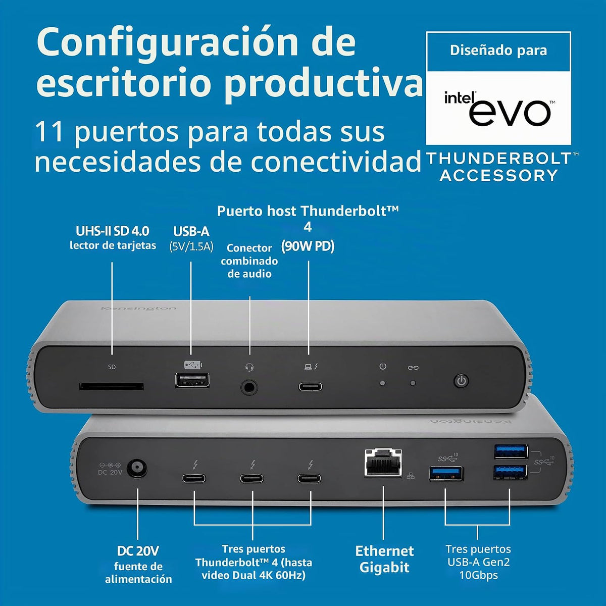 Kensington SD5700T Estación de acoplamiento Thunderbolt 4, Dual 4K, 90W PD - Compatible con Windows y Mac OS (K35175NA)