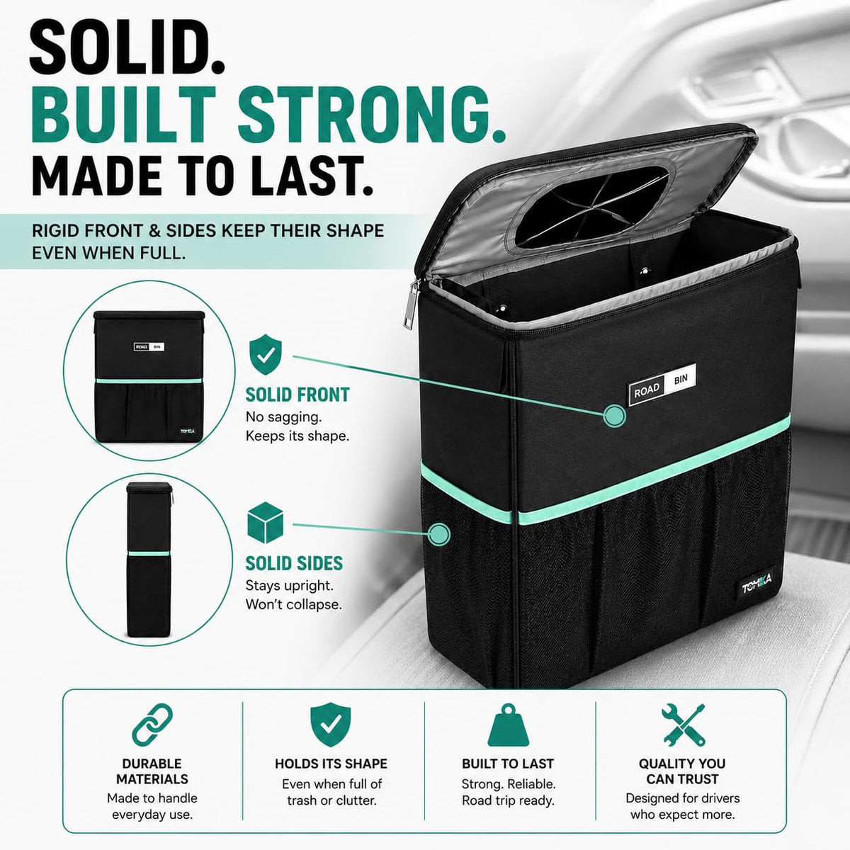 RoadBin - Cubo de basura para automóvil con tapa, delgado de 4 pulgadas y 2.5 galones, para asiento trasero, se mantiene vertical, a prueba de fugas y sellado de olores para camiones, SUV y camionetas