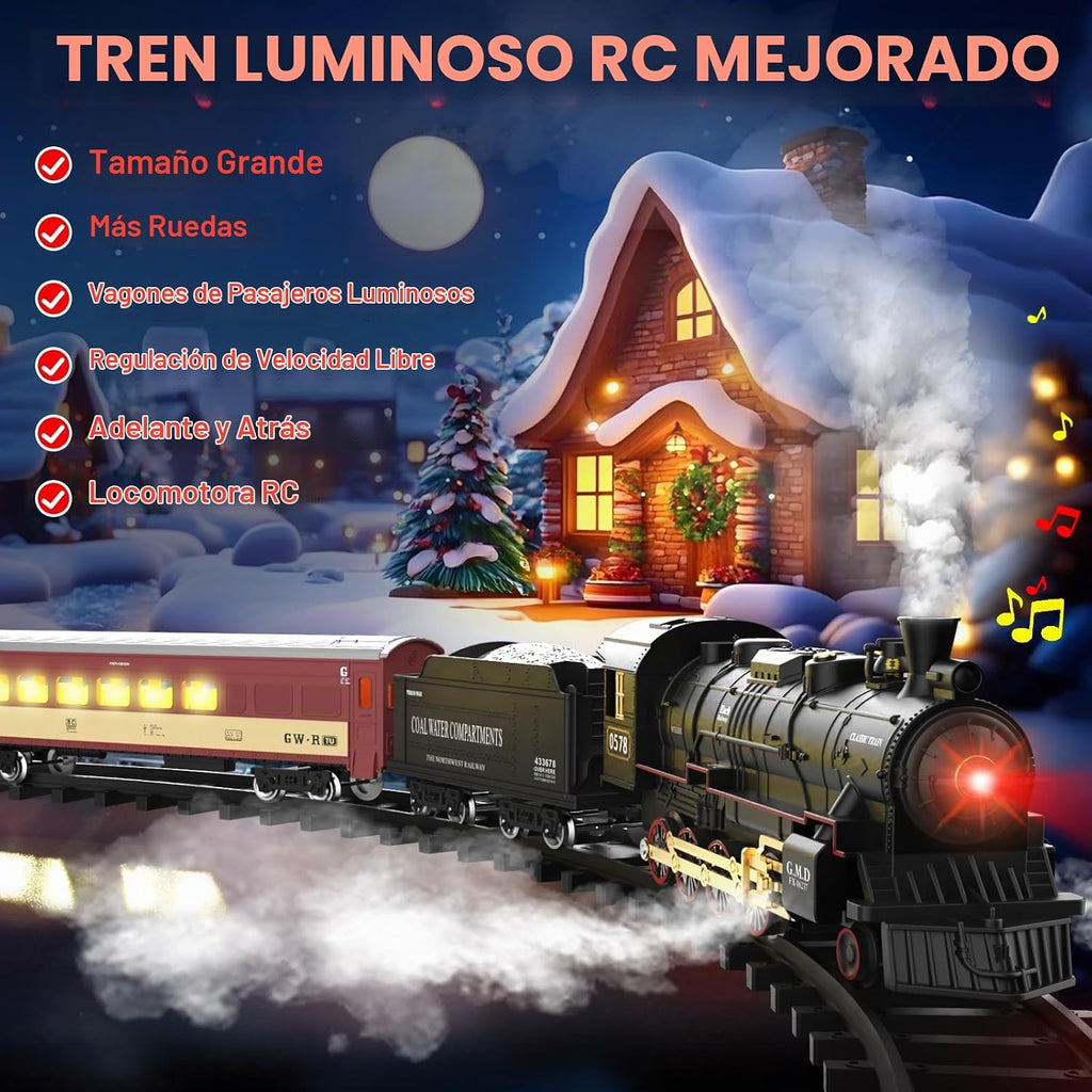 Hot Bee RC Train Set para Kids, Steam Locomotive, Light-Up Cars y Tracks