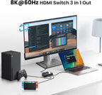 Interruptor HDMI 2.1 3 en 1 salida, 4K @120Hz 8K @60Hz 48Gbps Dolby ALLM
